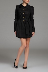 Trench cu guler rotund si cordon in talie - Negru