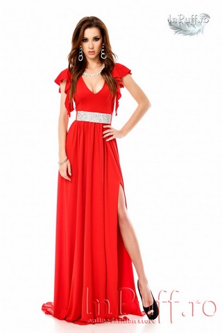 Rochie rosie lunga de seara din lycra