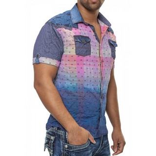 Camasa Barbati cu Maneca Scurta Open Jeans Albastru-Roz