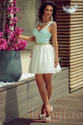 Rochie baby doll turquoise-ivoire