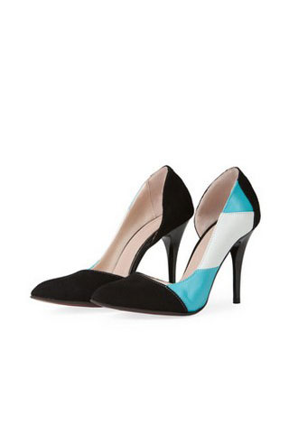PANTOFI STILETTO BLEU CU NEGRU SI ALB DIN PIELE NATURALA