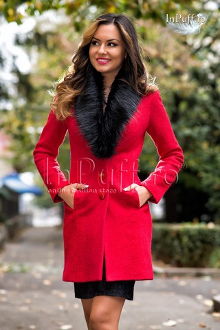 Palton elegant lana rosie cu blanita