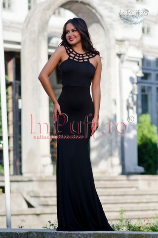 Rochie neagra lunga de seara cu margele pe spate