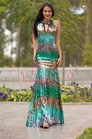 Rochie stil sirena din paiete aurii turquoise