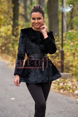 Palton blanita neagra cu cordon piele