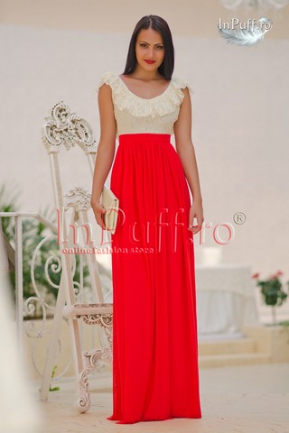 Rochie lunga de seara crem-rosu