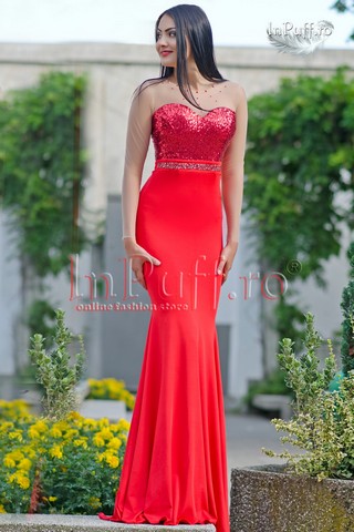Rochie rosie lunga de seara tip sirena