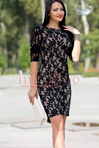 Rochie trei sferturi dantela neagra cu maneci