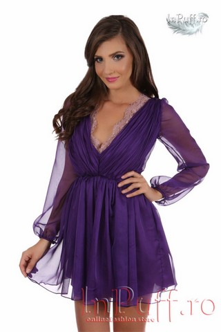 Rochie eleganta din voal mov cu maneci