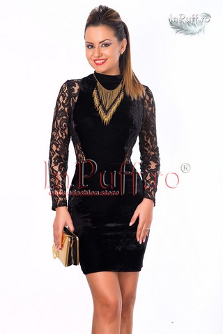Rochie midi catifea neagra si dantela