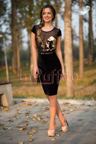Rochie trei sferturi paiete aurii si catifea neagra
