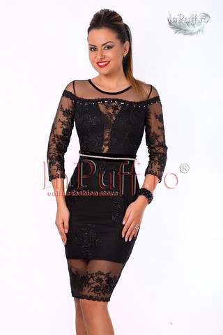 Rochie trei sferturi tul broderie neagra