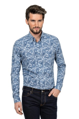 Camasa casual fit bleu print paisley alb albastru