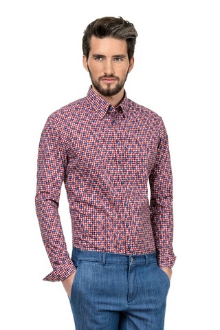 Camasa casual fit print floral cu carouri