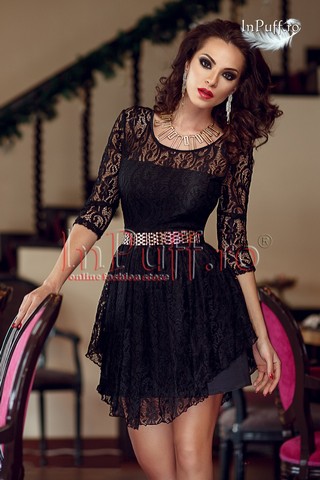 Rochie baby doll asimetrica dantela neagra