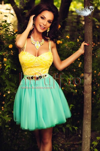 Rochie Princess broderie galbena tul turquoise