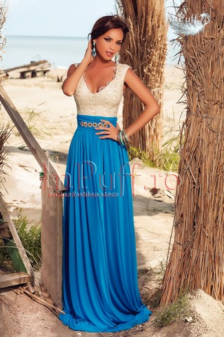 Rochie lunga eleganta de seara albastru ivoire
