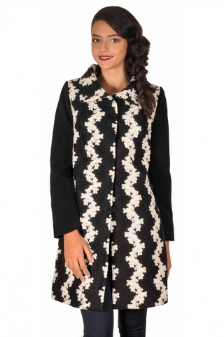 Palton elegant negru cu broderie alba si guler