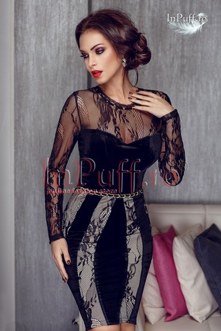 Rochie eleganta neagra din catifea insertii bej