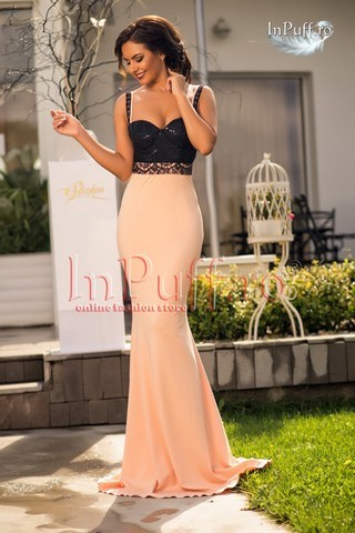 Rochie lunga de seara tip sirena cu broderie neagra
