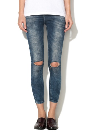 Jeansi skinny drepti albastru inchis cu aspect deteriorat