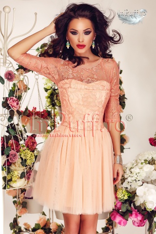 Rochie de seara dantela si tul somon