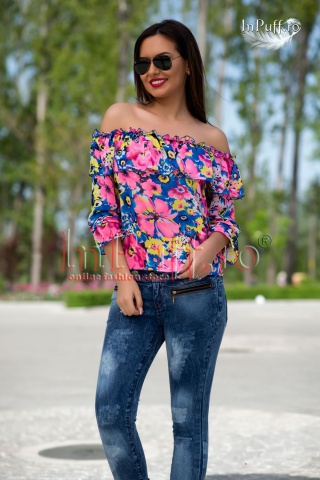 Bluza voal multicolor cu volanase
