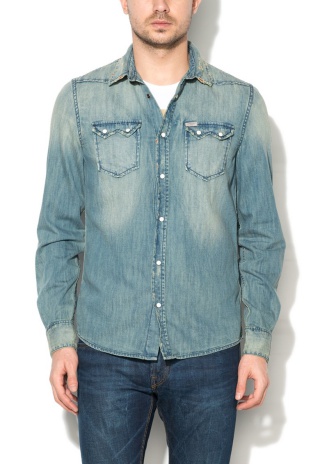 Camasa slim fit albastru deschis din denim cu aspect uzat