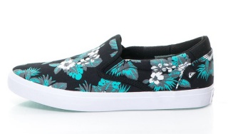 Pantofi slip-on cu imprimeu floral negru si turcoaz Shorebreak