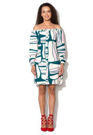 Rochie Bardot multicolora cu imprimeu retro