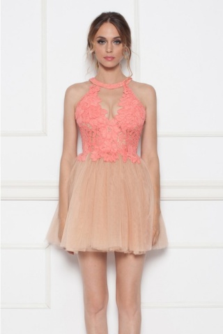 Rochie corai de seara cu dantela Nissa