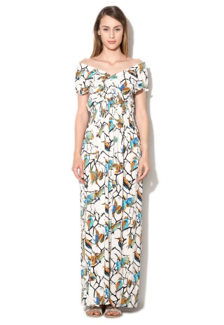 Rochie maxi alba cu imprimeu cu pasari