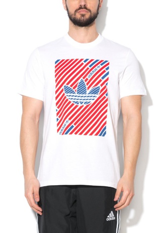Tricou alb cu decolteu la baza gatului Stripe Trefoil