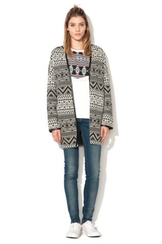 Cardigan negru cu alb cu garnituri din piele sintetica