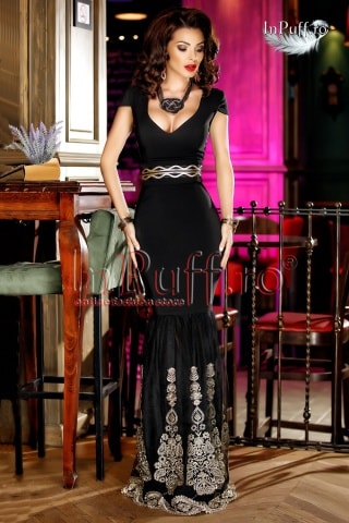 Rochie lunga neagra cu broderie aurie