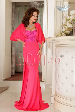 Rochie lunga de seara lycra roz cu broderie si trena