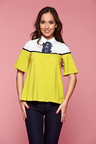 Camasa dama casual cu croi larg Fofy verde-deschis cu insertii de broderie