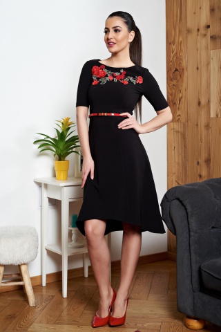 Rochie Asimetrica Neagra StarShinerS Cu Broderie Aplicata Manual
