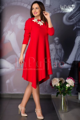 Rochie midi rosie cu maneca lunga