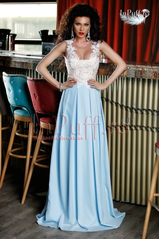 Rochie lunga bleu cu dantela alba la bust
