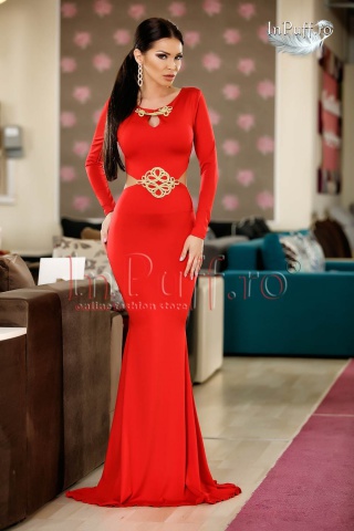 Rochie lunga rosie cu broderie aurie