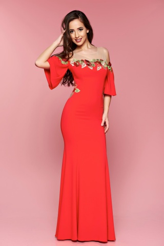 Rochie de ocazie brodata lunga LaDonna rosie cu maneci clopot