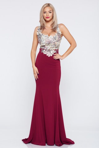 Rochie de ocazie brodata lunga LaDonna visinie cu decolteu