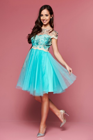 Rochie de ocazie cu insertii de broderie mint Fofy cu tul