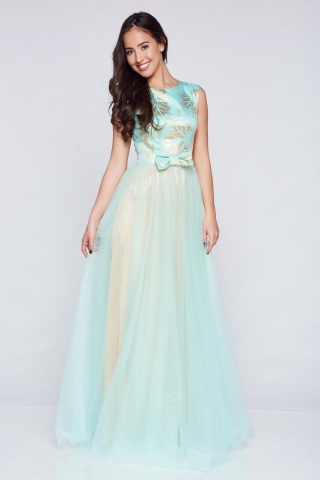 Rochie de ocazie lunga cu tul Fofy mint cu accesoriu in forma de fundita
