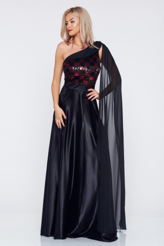 Rochie de ocazie pe umar PrettyGirl neagra din material satinat