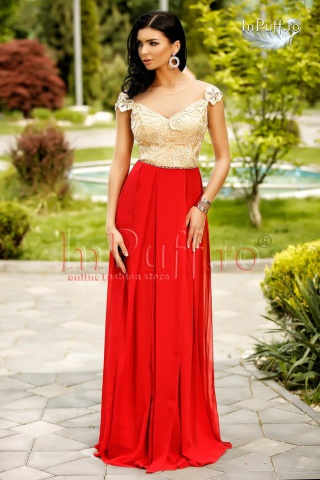 Rochie lunga rosie cu dantela aurie la bust