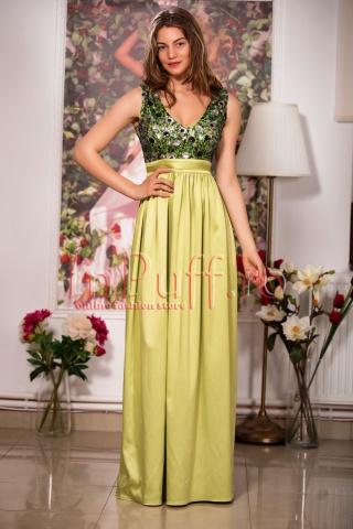 Rochie lunga verde lime cu paiete la bust
