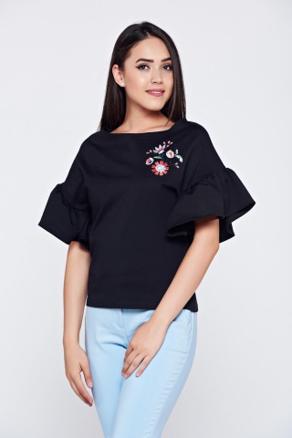 Bluza dama brodata cu croi larg StarShinerS neagra cu maneci tip fluture