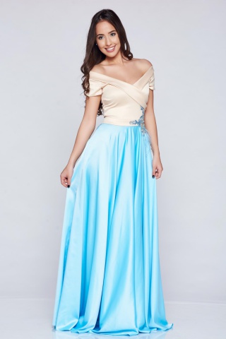 Rochie de ocazie brodata LaDonna albastra-deschis din material satinat